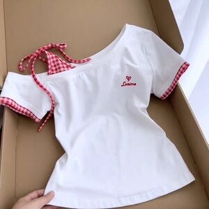 White and Red Checkered Women's Top